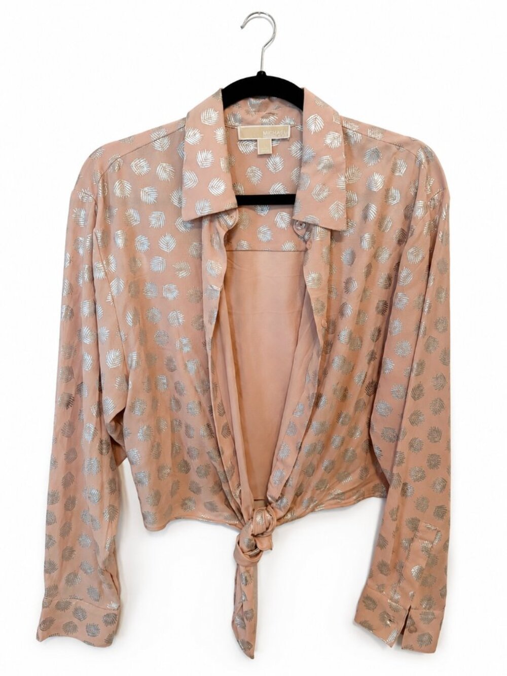 Michael Kors Women's Blush Pink Metallic Tie-Front Blouse | Size L | Long Sleeve